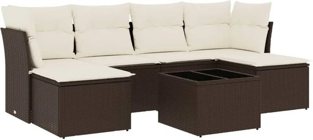 vidaXL 7-tlg. Garten-Sofagarnitur in L-Form aus Polyrattan mit Kissen, Braun - Bild 1