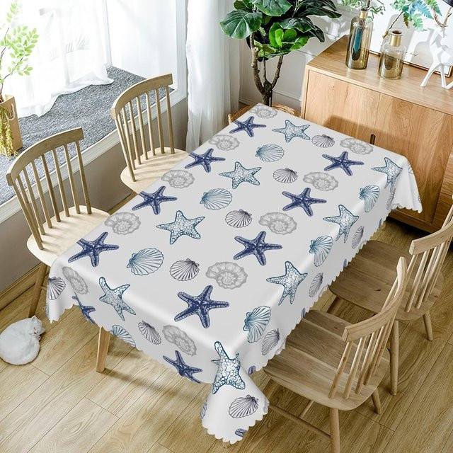Wasserdichte Tischdecke von JINGYUE Pet mit Ozean-Motiv aus Seesternen und Muscheln, weiß, B/T: 100 x 160 cm - Bild 1