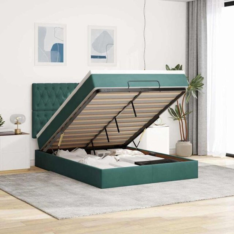 vidaxl Ottoman Polsterbett mit Matratze und LED in Dunkelgrün aus Samt, B/T/H: 140 x 190 x 128 cm - Bild 1