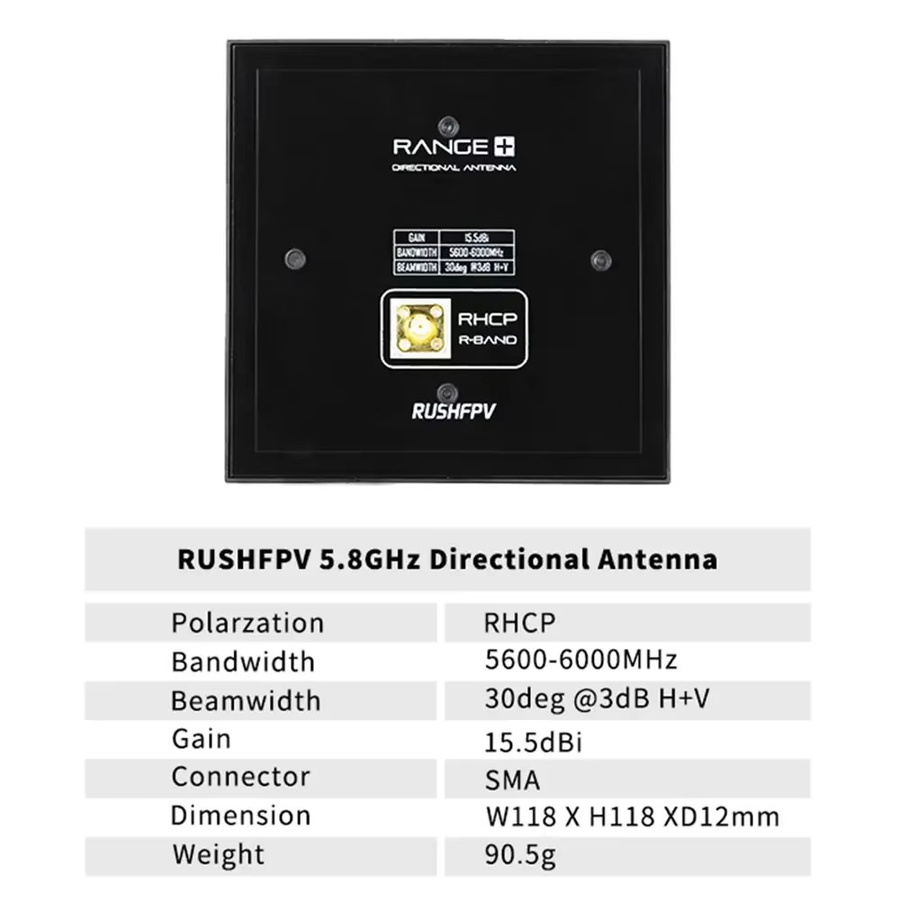 RUSHFPV 5.8G Range Plus 4X Richt-Patch-Antenne 15,5 dBi 5600–6000 MHz RHCP SMA Zirkularpolarisierte Antenne für RC FPV-Drohnen in Schwarz - Bild 4