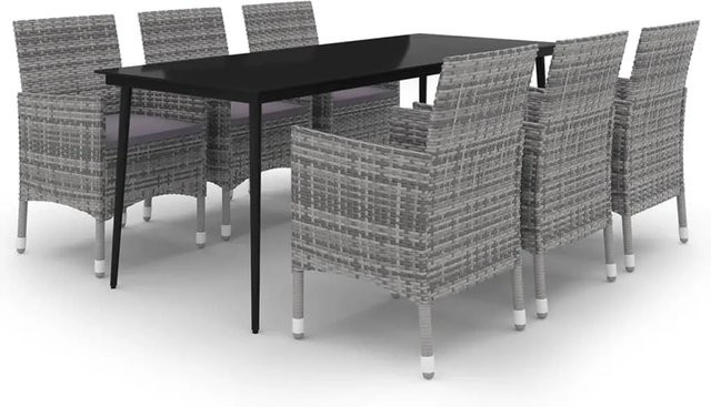 vidaXL 7-teilige Garten-Essgruppe aus Poly-Rattan und Glas in Grau und Schwarz mit Kissen - Bild 1