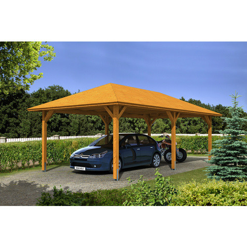 Skan Holz Carport Taunus in Eiche Hell, B/T: 439 x 786 cm, Firsthöhe: 329 cm, farbbehandelt braun - Bild 2