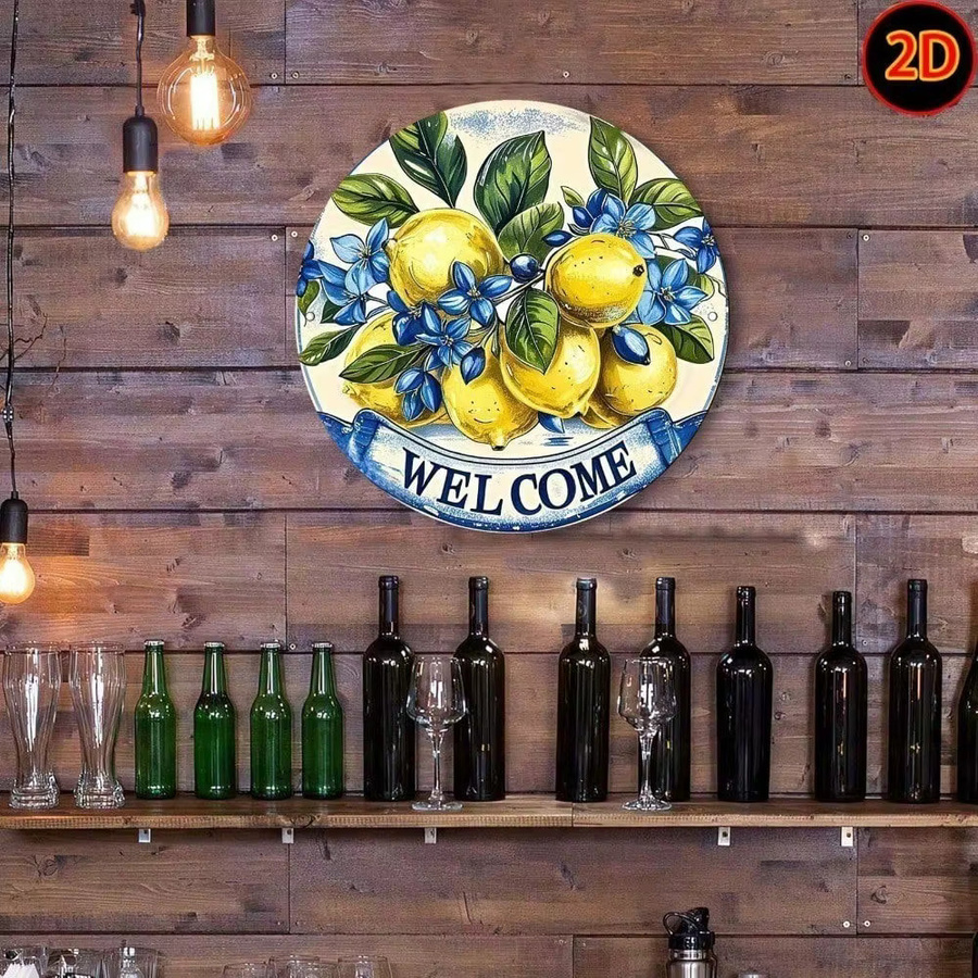 CIFBUY Vintage Aluminium-Willkommensschild mit Zitronen- und Blumenmotiv, Rundes Metall-Wandschild für Garten und Terrasse, Mehrfarbig - Bild 4