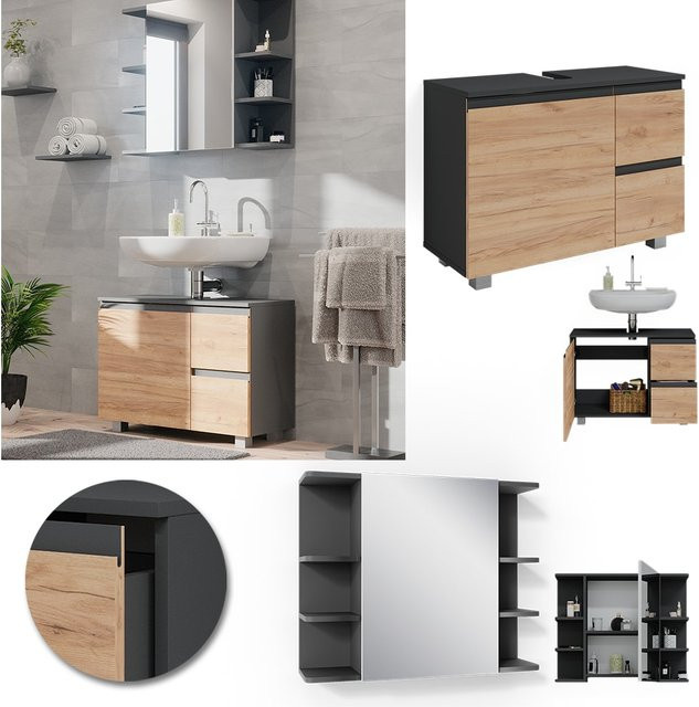 Vicco Badmöbelset J-Shape in Anthrazit und Eiche, modernes 2-teiliges Badezimmer-Set mit Spiegelschrank und Waschtischunterschrank - Bild 1