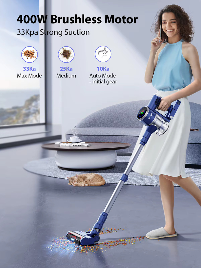 Buture kabelloser Handstaubsauger JR600 in Blau mit 400 W Leistung und 33000 PA Saugleistung für Tierhaare und Haushalt mit abnehmbarem Akku - Bild 2