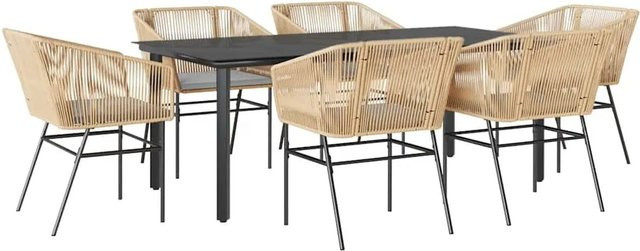 vidaXL 7-teilige Garten-Essgruppe aus Poly Rattan mit Glasplatte und Kissen in Braun - Bild 1