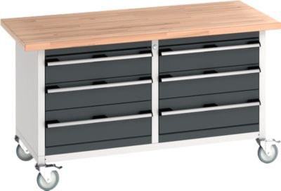 Bott Kastenwerkbank cubio aus Buche-Massiv mit 6 Schubladen und 4 feststellbaren Rollen, anthrazit/lichtgrau, B: 150 cm, T: 75 cm, H: 84 cm - Bild 1