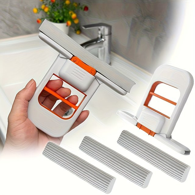 QCQHDU Mini Desktop Mop Set, faltbarer Handheld Schwamm Mopp für Küche und Badezimmer, Weiß - Bild 1