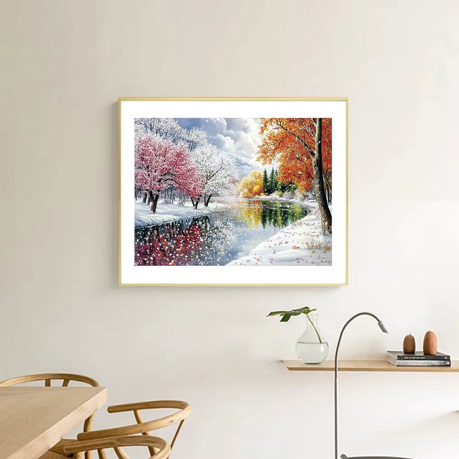 Huacan Diamant-Gemälde Winter-Schneeslandschaft mit gefallenen Blättern, Diamant-Mosaik Wanddekoration in Multicolour, runde Bohrer - Bild 3
