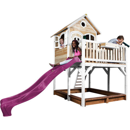 Axi Spielturm Liam aus Holz in Braun-Weiß mit lila Rutsche, B/H/T: 377 x 291 x 255 cm - Bild 3