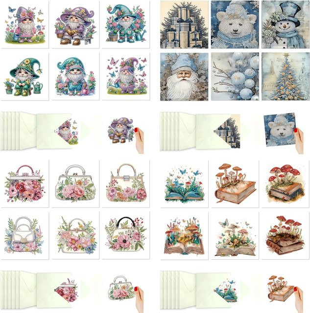 6-teiliges Diamant-Malerei Weihnachtskarten-Set mit Umschlag, Schneemann-Zwerg Bastelset für Erwachsene, Mehrfarbig - Bild 1