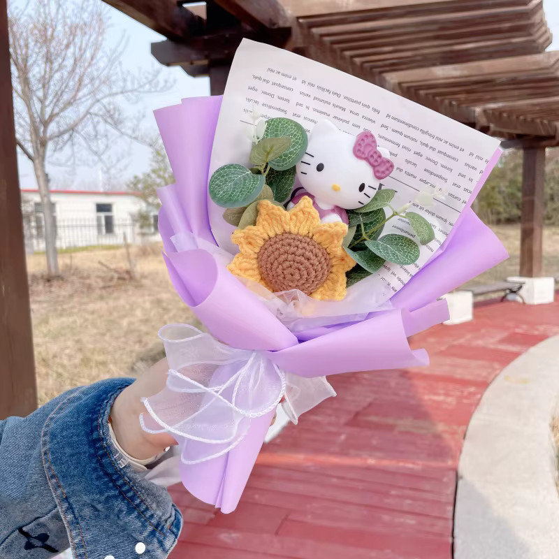 Künstliche gehäkelte Sonnenblumen-Bouquet mit Sanrio Hello Kitty Design - Bild 2