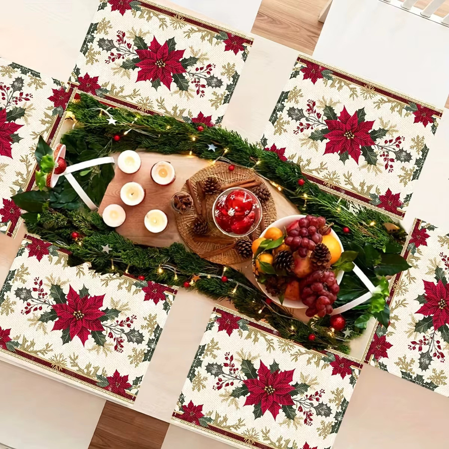 VIKAMA 4er Set Weihnachts Tischsets in Rot mit Schneeflocken und Stechpalmenblattmuster zur festlichen Tischdekoration - Bild 4