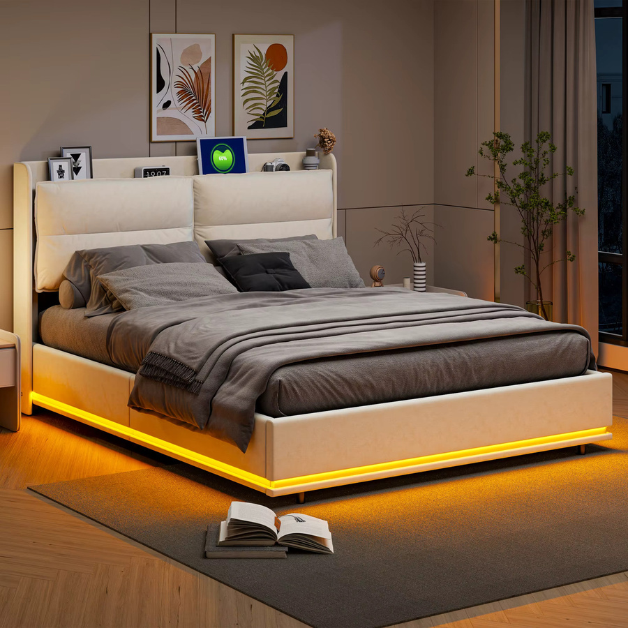 Fangange Polster-Doppelbett Beige mit hydraulischem Hubbett, Stauraum, RGB-LED-Beleuchtung und USB Typ-C, inklusive Lattenrost, B/T: 140 x 200 cm - Bild 2