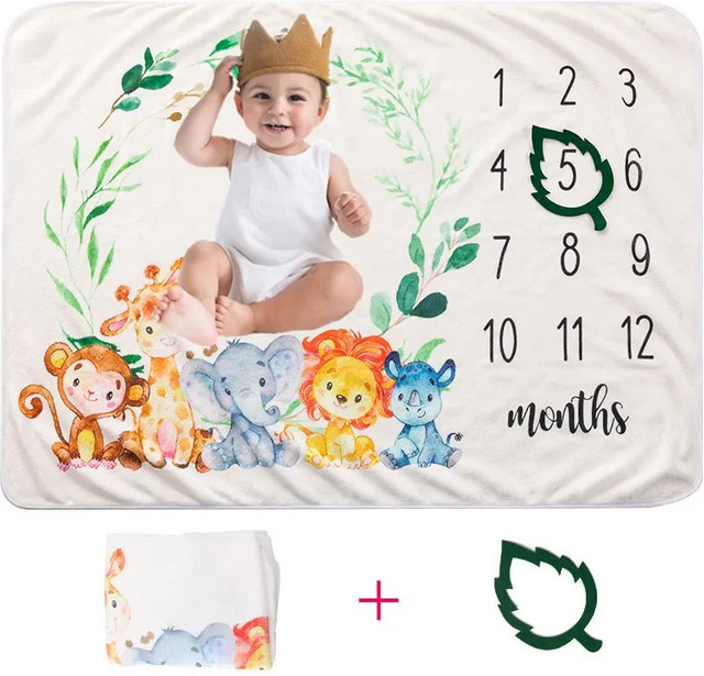 VIKAMA Baby Meilensteindecke mit Cartoon-Druck als Wachstumstabelle und Foto-Requisite für Neugeborene, Mehrfarbig - Bild 1