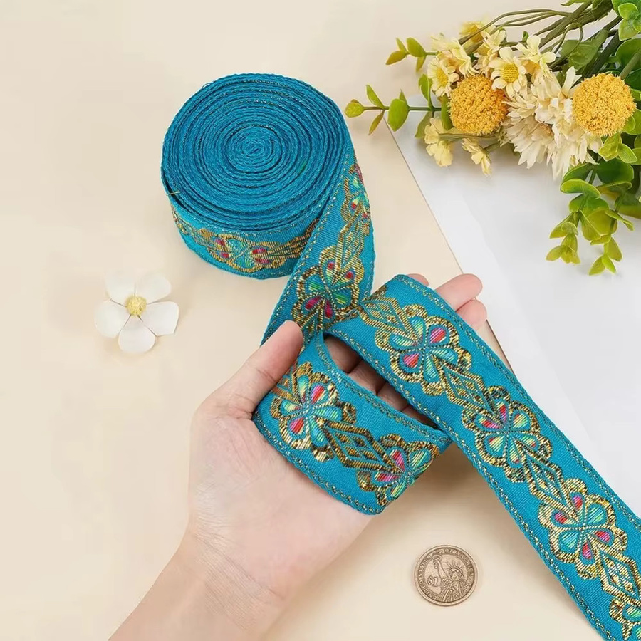Türkises Jacquard-Spitzenband mit geometrischem Blumenmuster und metallischen Akzenten im Vintage-Stil, Breite: 3,7 cm, Länge: 7 Yards - Bild 3