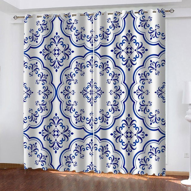 2er-Set Vorhänge mit Bohomuster und Blumendekor in Blau, Gold und Gelb, halbtransparent, Höhe: 166 cm, Breite: 75 cm - Bild 1