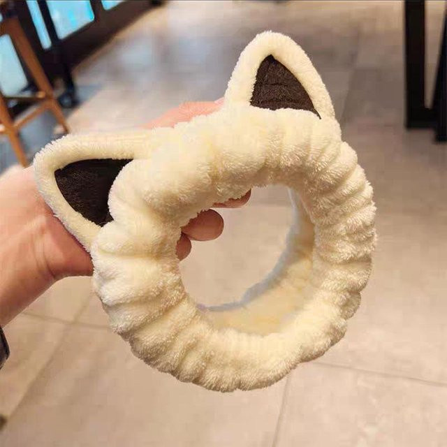 Binchi Fitness Gesichtswasch-Stirnband mit Katzenohren, Korallenfleece, beige, Damen - Bild 1