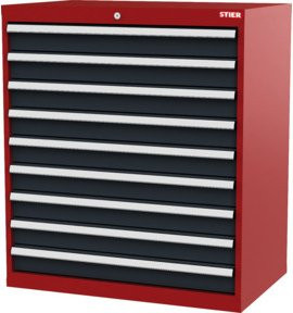 STIER Schubladenschrank mit 9 Schubladen aus Stahl in Rot und Anthrazit, B/T/H: 90,0 x 57,5 x 102,0 cm - Bild 1