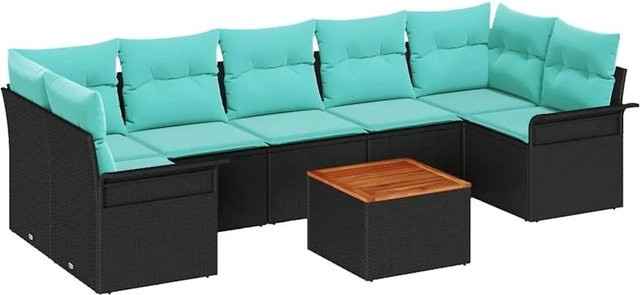 vidaXL Gartensofa-Set 8-teilig aus Poly-Rattan in Schwarz und Türkis mit Polsterung und Tisch - Bild 1
