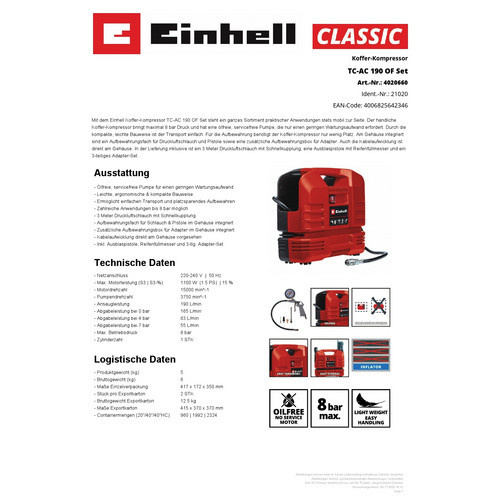 Einhell Koffer-Kompressor-Set TC-AC 190 OF, ölfrei, 8 bar, 165 l/min, rot/schwarz - Bild 7