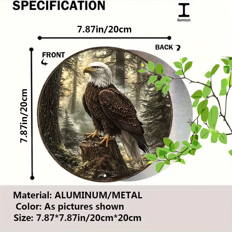 Potdemiel Majestic Bald Eagle Aluminium-Metall-Wandkunst, rundes Schild im rustikalen Wald-Design, Mehrfarbig, Durchmesser: 20 cm - Bild 2