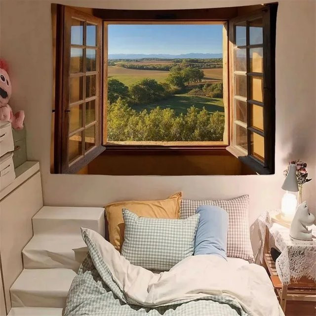 VIKAMA Landhausstil Wandbehang mit grünem Landschaftsmotiv und Holzrahmen für Wohnzimmer und Schlafzimmer, Breite: 130 cm, Höhe: 130 cm - Bild 1