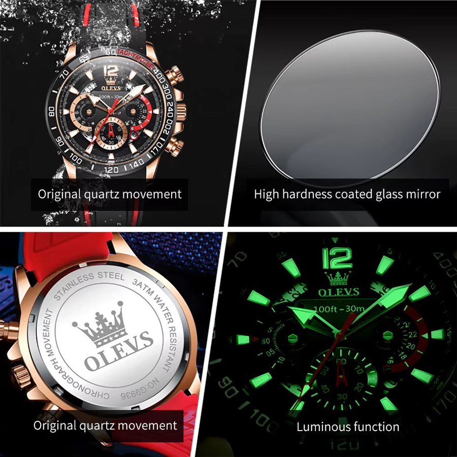 OLEVS Chronographenuhr, Quarz, Edelstahl, Kautschukarmband, Schwarz, Herren - Bild 4