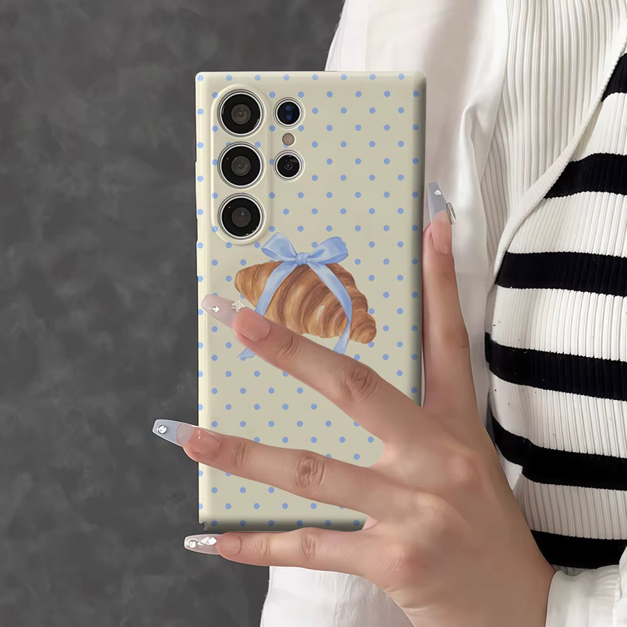 Stoßfeste Handyhülle mit Croissant und blauer Schleife für Samsung Galaxy S26 S25 S24 S23 Ultra Plus, robuste Doppelschicht Rückabdeckung, mehrfarbig - Bild 4