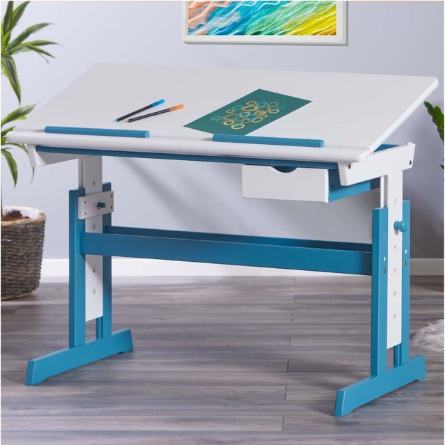 Inter Link Schreibtisch Pijii aus Kiefer Massivholz für Kinderzimmer, weiß/blau lackiert - Bild 1