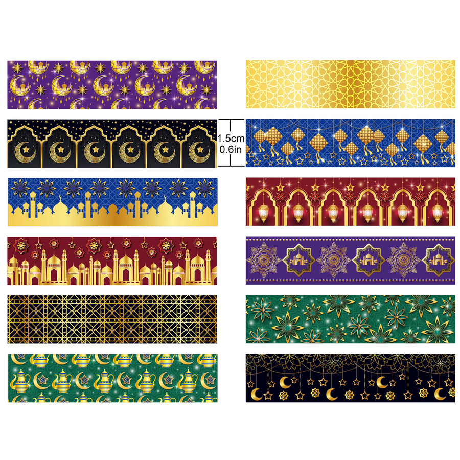 12 Stück Washi Tape Set mit orientalischem Ramadan und Eid Mubarak Design in Multicolour für Scrapbooking und Fensterdekoration - Bild 6