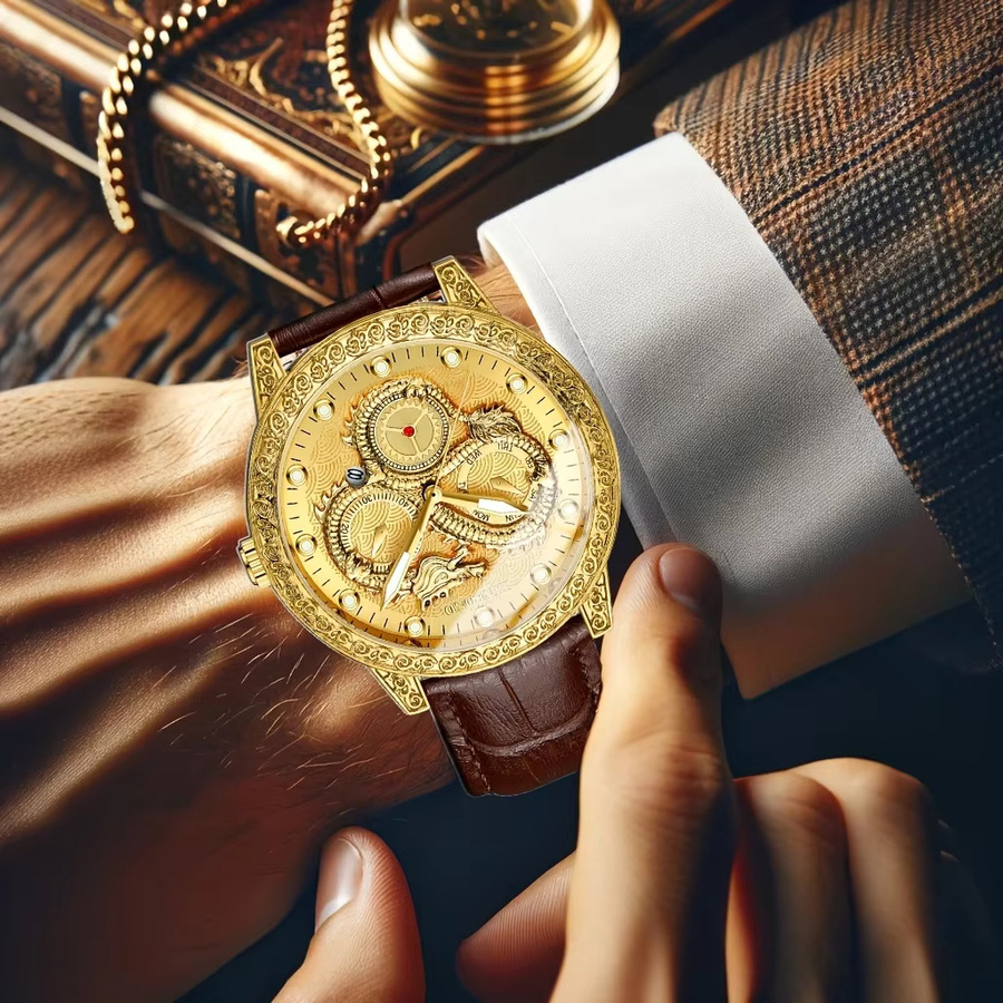 Armbanduhr Herren, Quarz, Gold, Leder, Leuchtzeiger - Bild 4