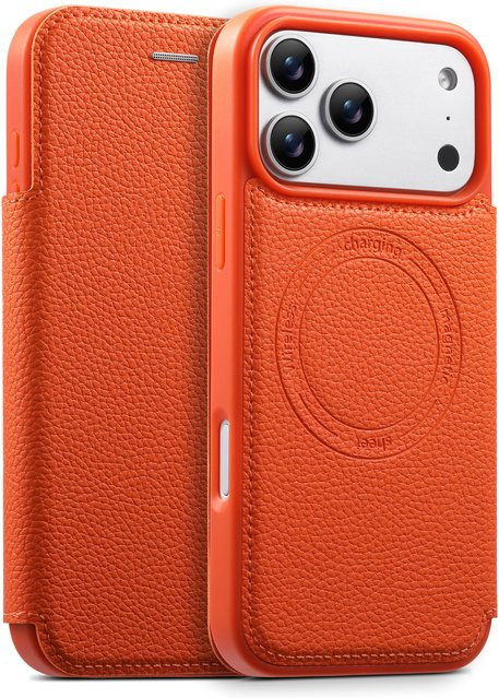 Apple iPhone 17 Pro Max Air Handyhülle aus Kunstleder mit Kartenhalter, Ständer und Magnetverschluss in Schwarz oder Orange - Bild 1