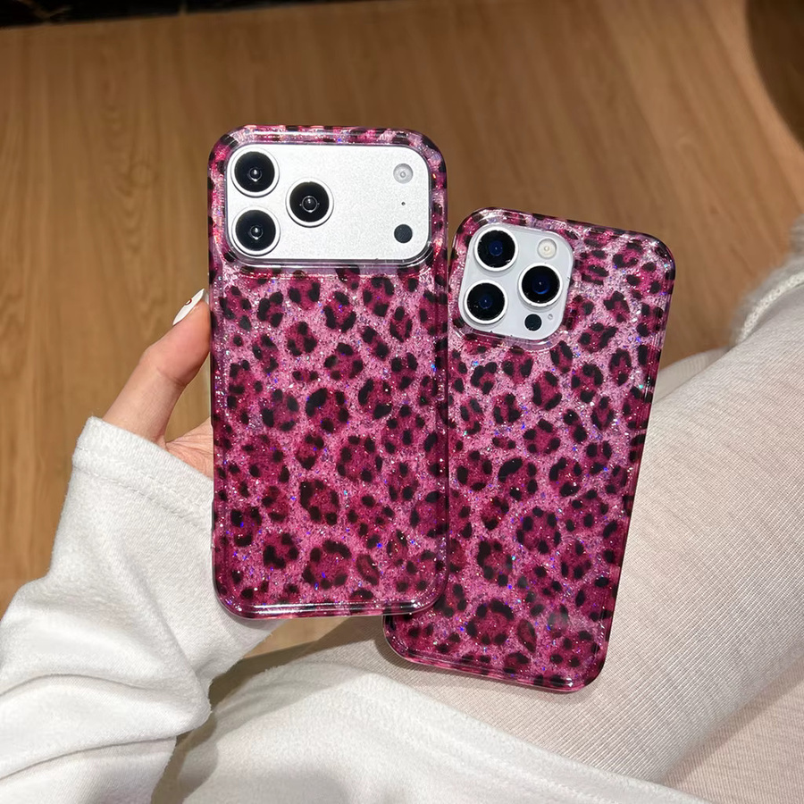 Apple iPhone Schutzhülle mit Glitzer-Rose und Leopardenmuster in Rot, Schwarz und Pink, stoßfest für iPhone 17, 16, 15, 14 und 13 Pro Max - Bild 2