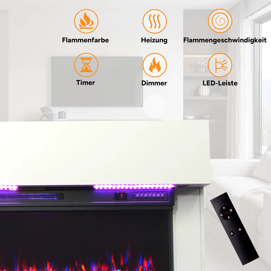HOMAVO Elektrokamin mit Schrank in Schwarz oder Weiß, 3D-Flammeneffekt mit LED-Leiste, Heizleistung 1000/2000W, Breite: 91,44 cm - Bild 3