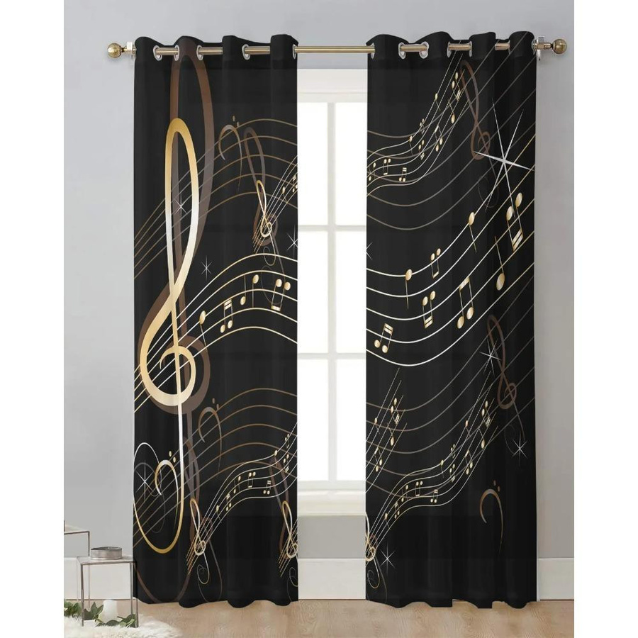 Yiran Furniture Transparente Chiffon-Vorhänge mit Musiknoten in Schwarz, Breite: 135 cm, Höhe: 115 cm - Bild 3