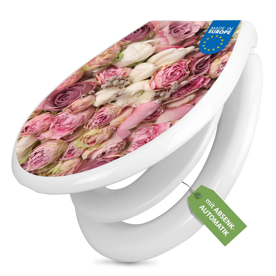 Banjado Toilettendeckel O-Form mit Soft-Close und Kindersitz aus Duroplast in Weiß mit Rosen-Motiv - Bild 1