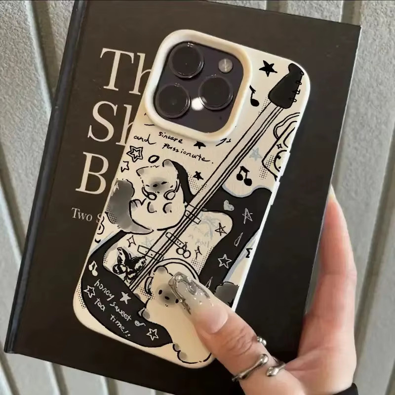 Handyhülle mit Gitarrenkatze-Muster und Litschi-Struktur für Apple iPhone 17 16 15 Pro Max Plus in Beige und Multicolour - Bild 2