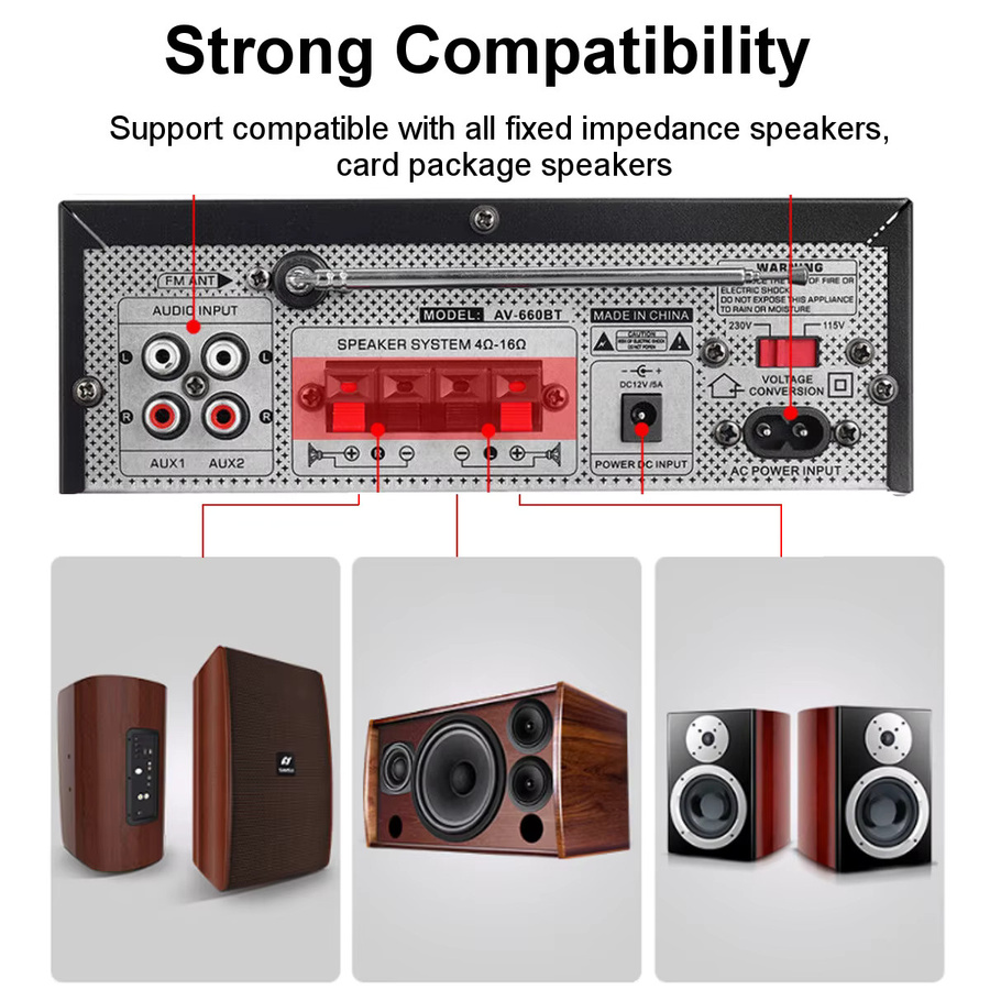 SUNBUCK AV-660BT 2.1 Soundverstärker in Schwarz mit EQ, FM, USB, SD-Karte und 2 Mikrofoneingängen - Bild 3