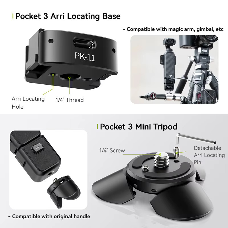 Ulanzi PK-08 Pocket 3 Mini-Stativ und PK-11 Arri-Ortungsbasis in Schwarz für DJI Osmo Pocket 3 für Livestreaming, Vlog und Reisefotografie - Bild 6