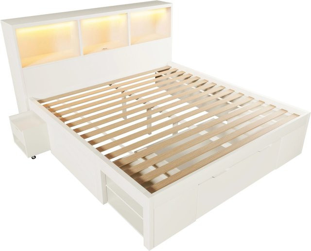 okwish Funktionsbett mit LED Beleuchtung, USB-Ladeport und Bettablage in Weiß, B/T/H: 140 x 190 cm, mit Schubladen und modernem Design - Bild 1