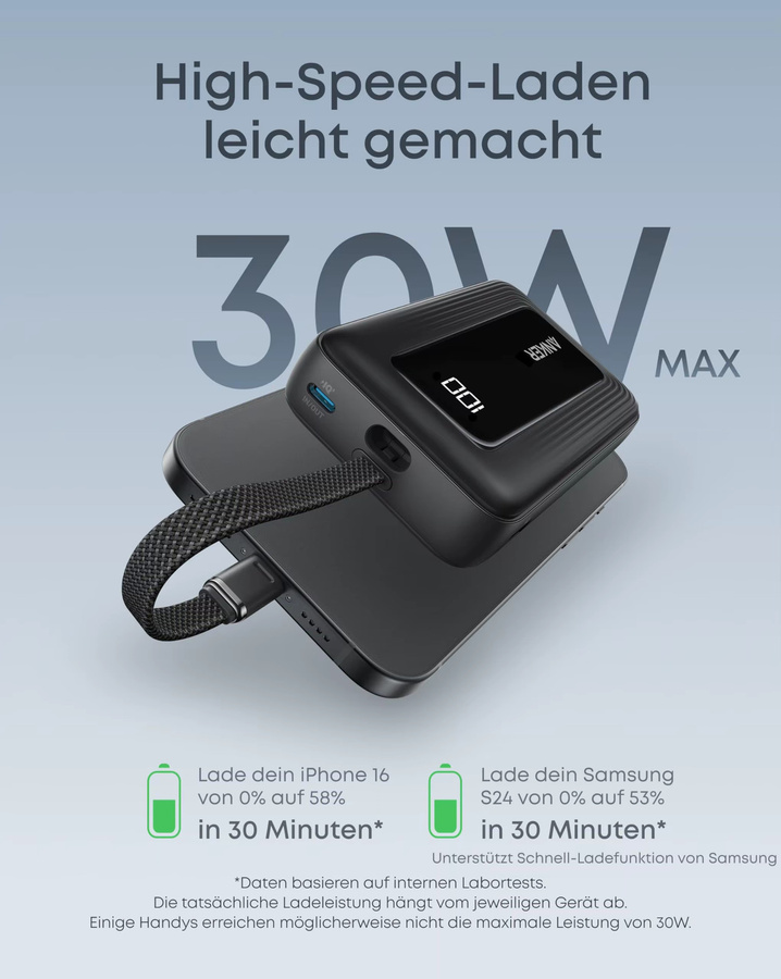 Anker Zolo Powerbank mit integriertem USB-C Kabel, 20000mAh, 30W High-Speed-Ladegerät, Schwarz - Bild 2