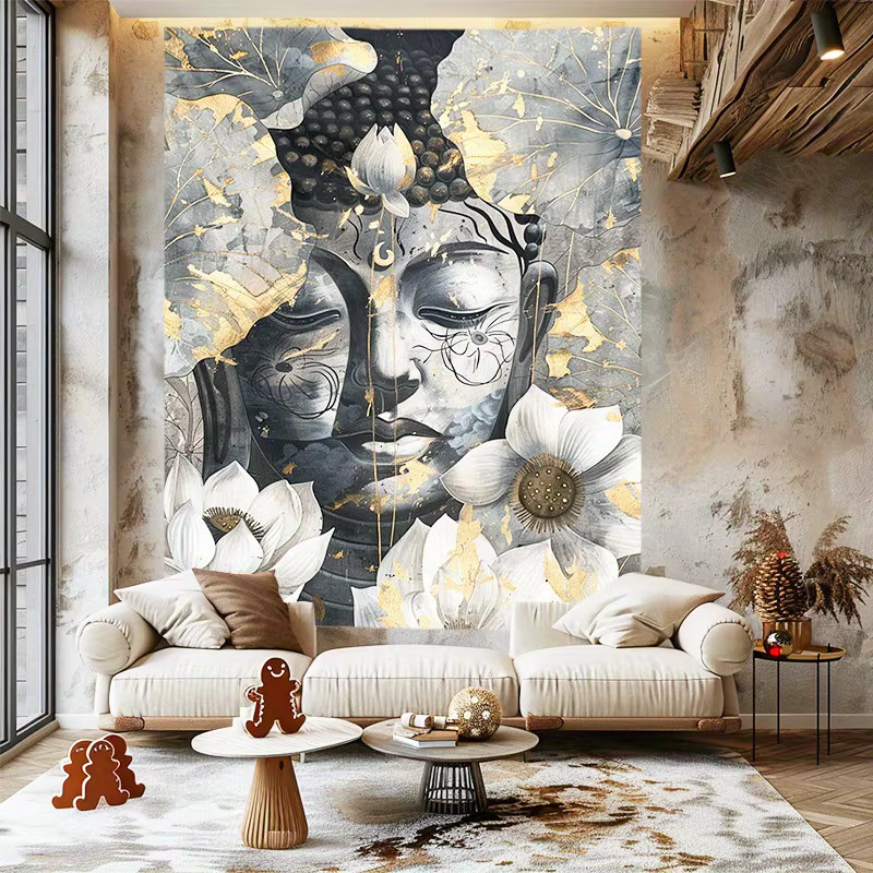 VIKAMA Zen-Doppel-Buddha Wandteppich mit Tintenlotus-Hintergrund in Gold und Multicolour, orientalischer Stil für Wohnzimmer und Gebetsraum, B: 75 cm, H: 58 cm - Bild 3