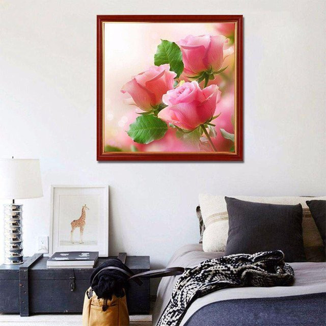 FIYO Diamond Painting Rosa Rose Rundes 3D-Diamantgemälde mit Strasssteinen in Braun und Rosa, B/H: 30 x 30 cm - Bild 1