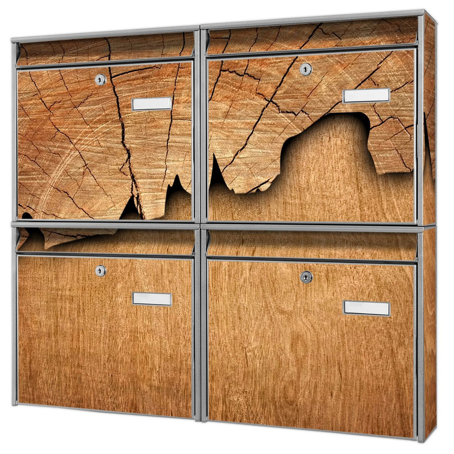 banjado Burg Wächter Briefkastenanlage für 4 Parteien in Silber mit Holzmotiv, B/H/T: 64,5 x 72,5 x 10 cm, verzinkt und lackiert - Bild 1