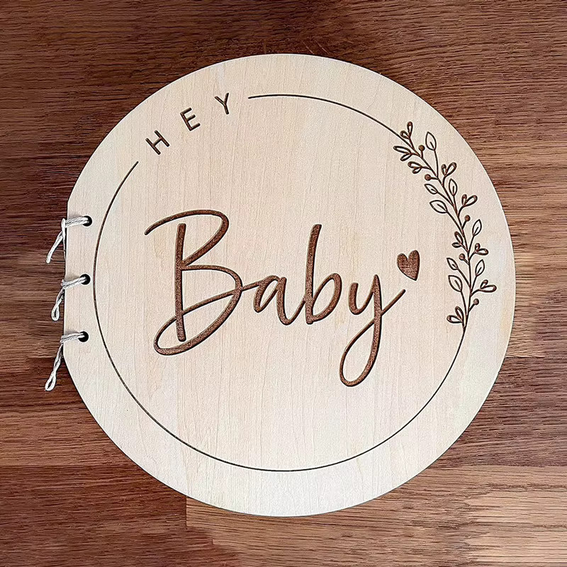 Nachrichtenbuch aus Holz mit rundem Einband für Baby-Taufe und Kinder, Rekordbuch mit 20 weißen Karten in Beige und Weiß - Bild 2