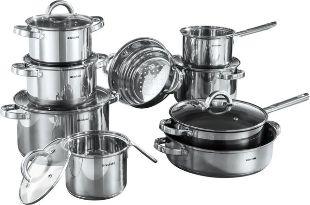 tectake Kochtopfset Turin 15-teilig aus Edelstahl in Silber mit Antihaftbeschichtung und Glasdeckeln für Induktion geeignet - Bild 1