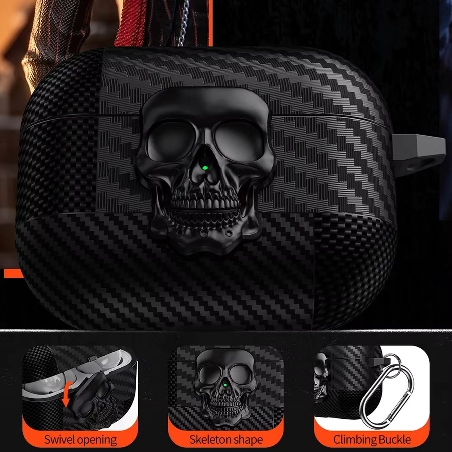 Kopfhörerhülle mit Totenkopf-Design und Kohlefaser-Textur für Apple AirPods Pro 2 3 4, inklusive Karabiner und drehbarem Schloss, Schwarz - Bild 2