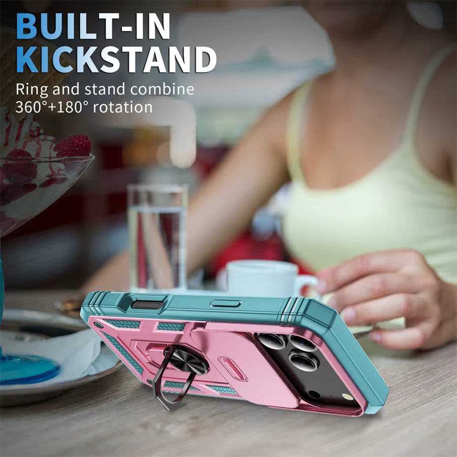 SZMUGUA Handyhülle mit 360-Grad-Ringhalterung und Schiebekamera-Schutz für iPhone 17 Air 16 16E 15 14 Plus 13 12 11 XS X XR Pro Max in Pink und Grün - Bild 5