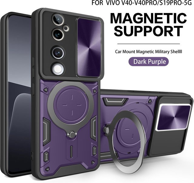 Robuste Handyhülle für vivo V40 Pro und vivo V40 mit magnetischer Halterung und Schiebe-Kameraschutz in Schwarz oder Lila - Bild 1